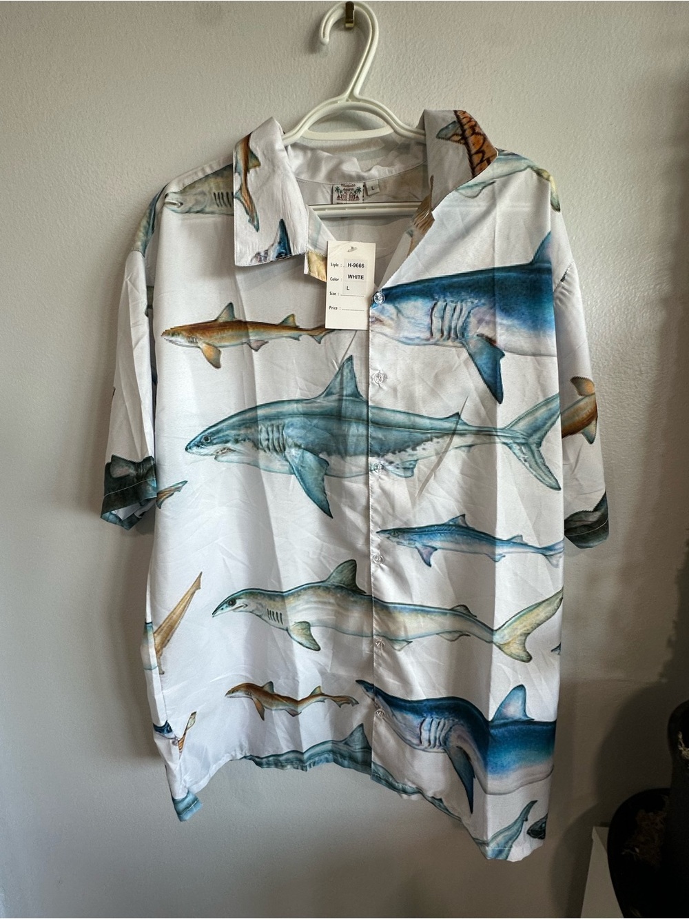 Men's Short Sleeve Shark Print Button-Down Shirt - White/Blue